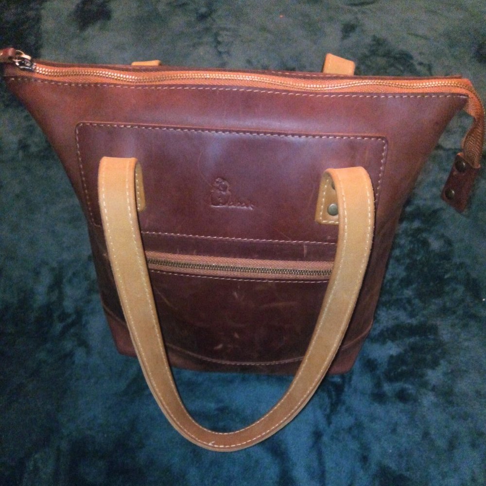 Babak Two Toned Square Leather Tote, Reddish Brown & Tan - Picture 15 of 15